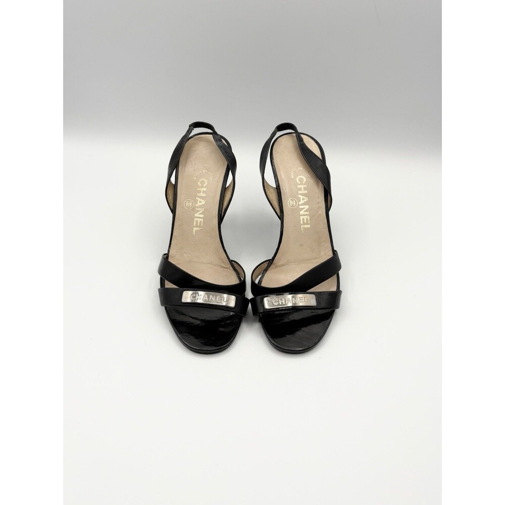 Chanel Black Patent Leather Logo Slingback Heels Vintage Size EU 35.5
